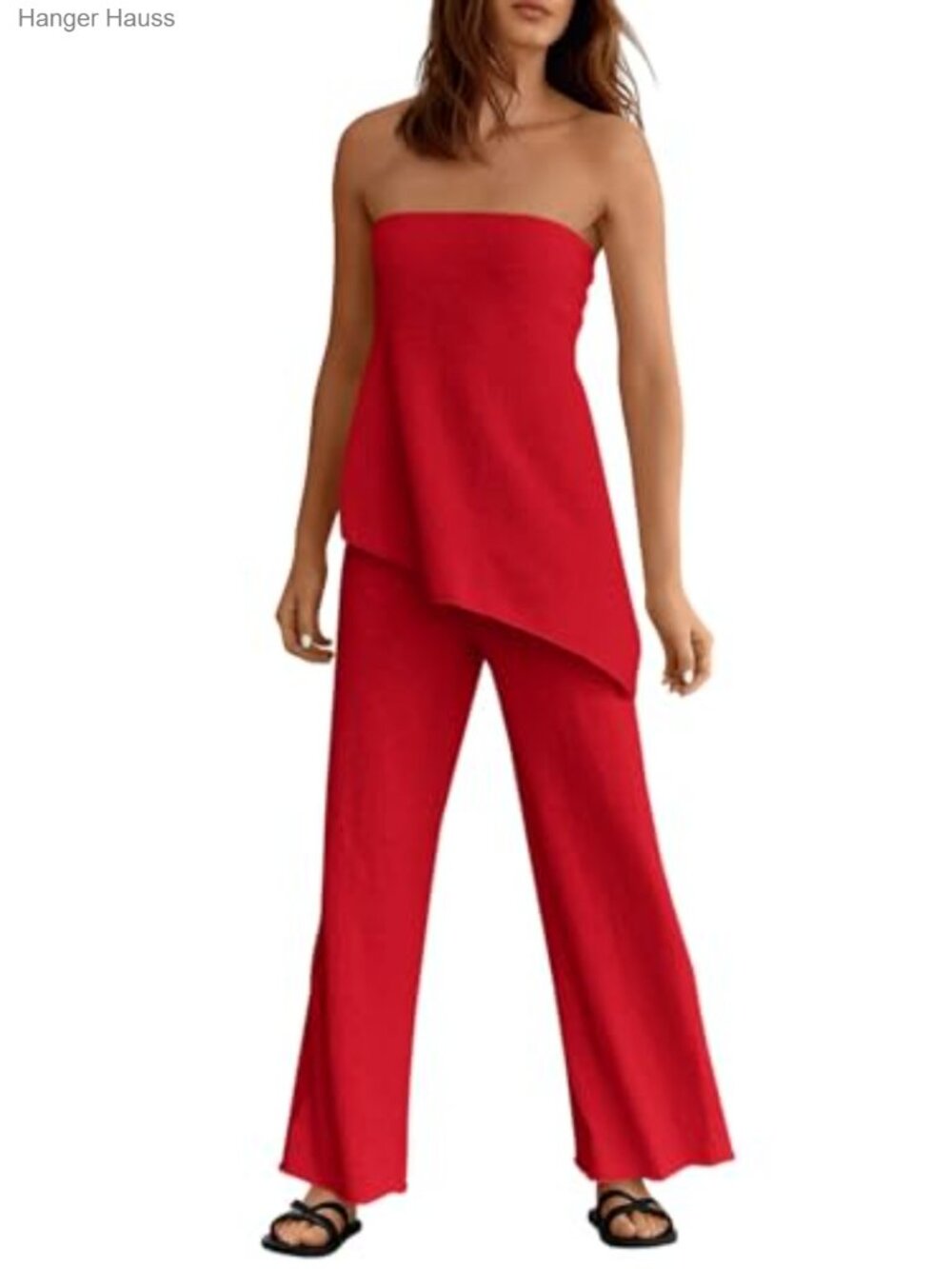 2 Piece Lounge Set Asymmetrical Tube Top Wide Leg Pants Knit Sets